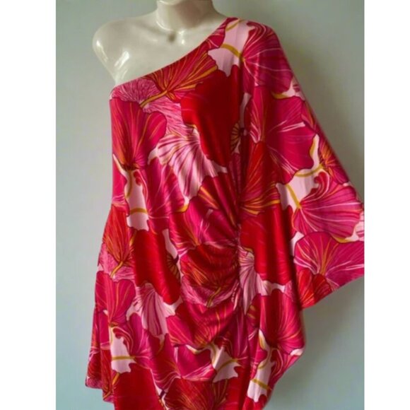 Trina Turk Mini Dress 12 Pink One Shoulder Floral Ruched Draped Bodycon - Picture 3 of 5